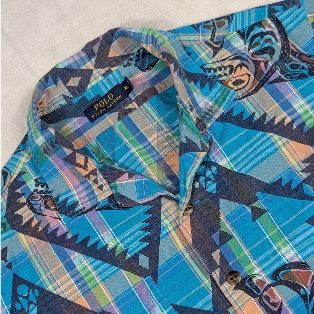 Polo Ralph Lauren Mens XL Blue Plaid Southwestern Tribal Eagle Camp Shirt Cotton